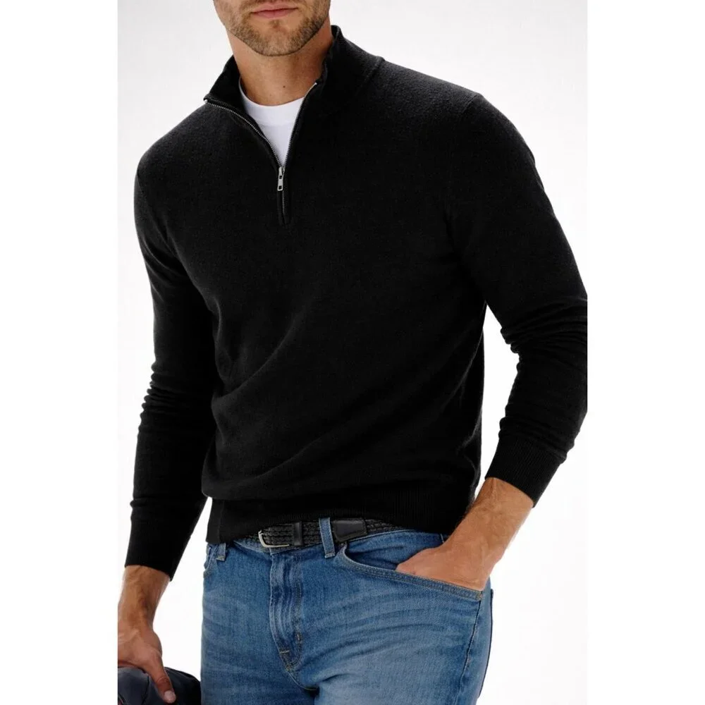 QI Cashmere Men’s Black 1/4 Zip Pullover Sweater 100% Cashmere Size M